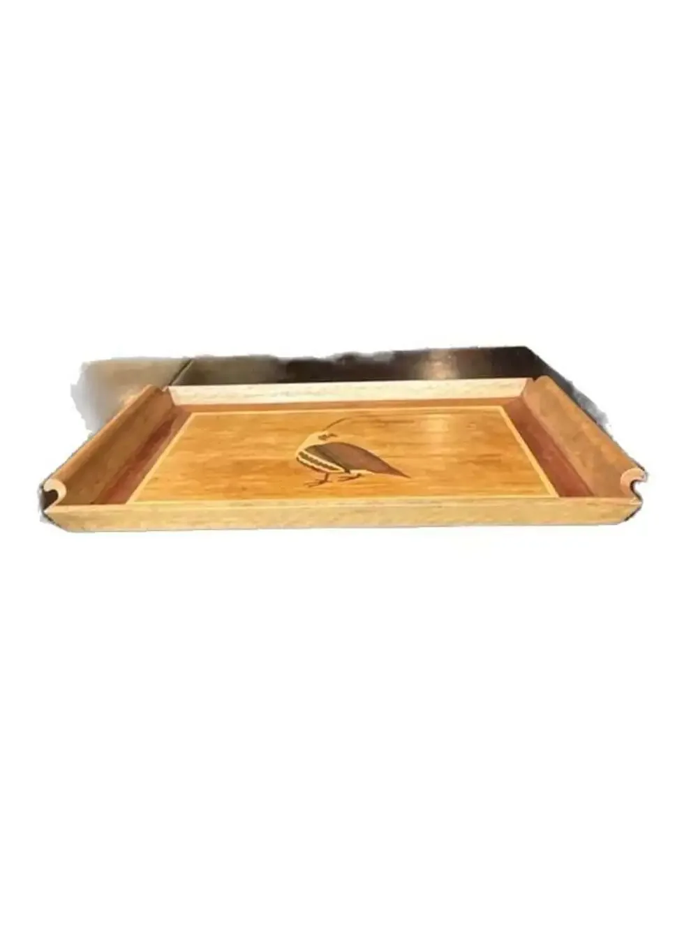 Vintage Handcrafted Wooden Marquetry Serving Tray with Inlaid Quail Design